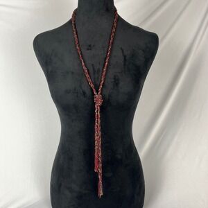 Vtg Beaded Multi-strand Braided Lariat Necklace Red Gold Boho Hippie Statement‎